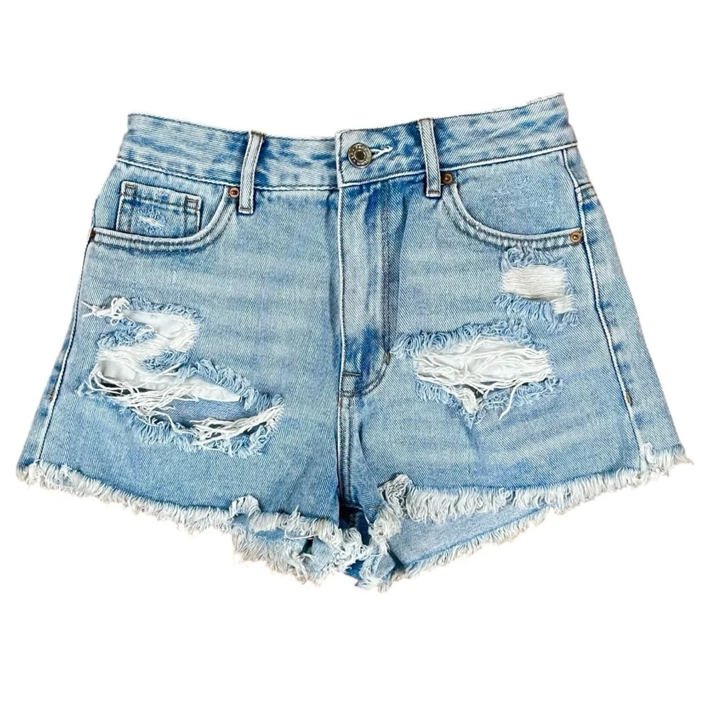 PacSun‎ High Rise Distressed Denim Shorts 25 Festival Grunge Raw Hem Light Wash